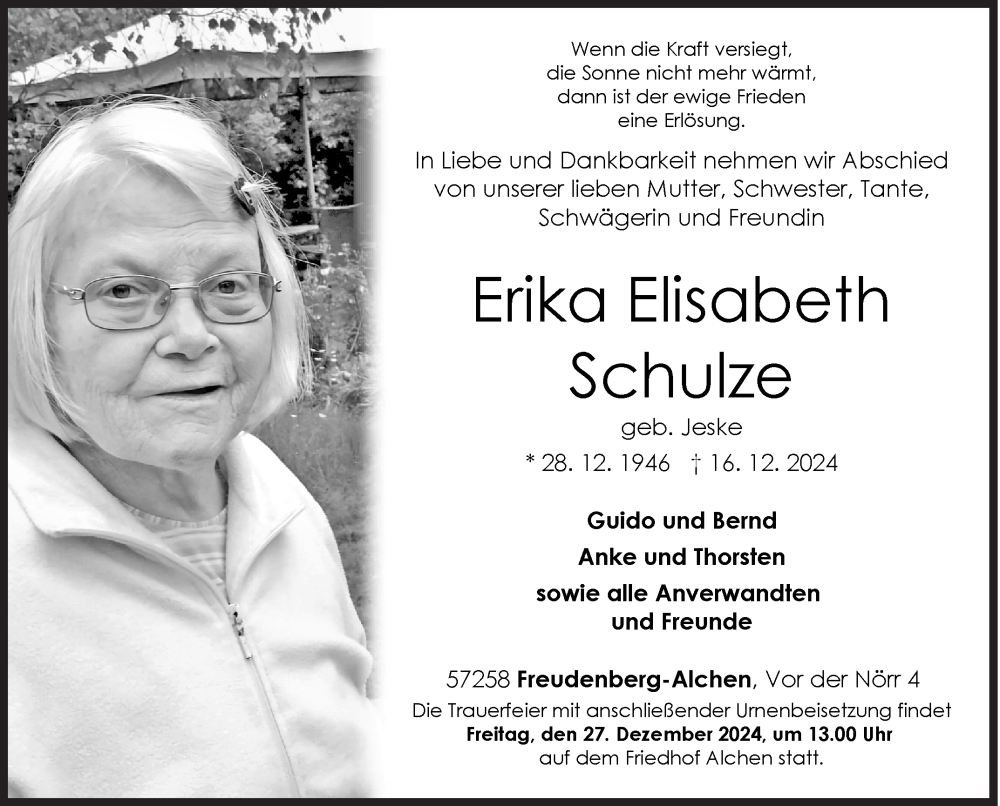  Traueranzeige für Erika Elisabeth Schulze vom 21.12.2024 aus Siegener Zeitung