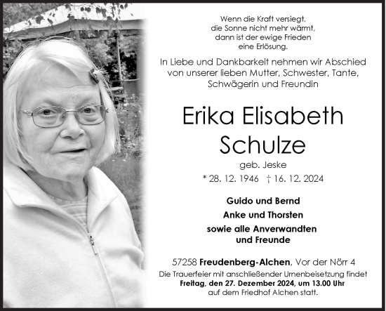 Traueranzeige von Erika Elisabeth Schulze von Siegener Zeitung