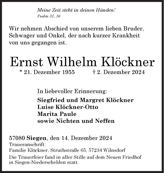 Traueranzeige von Ernst Wilhelm Klöckner von Siegener Zeitung