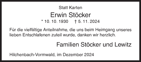 Traueranzeige von Erwin Stöcker von Siegener Zeitung