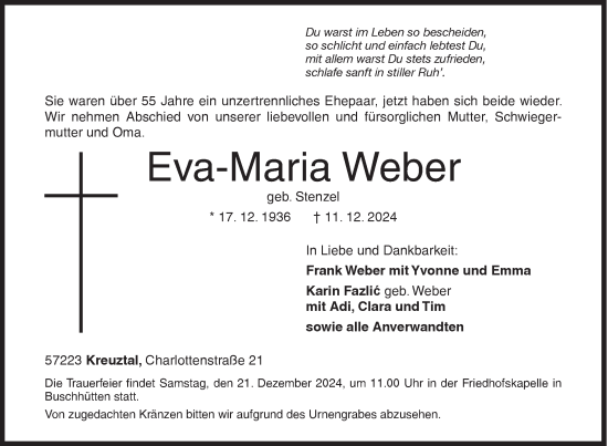 Traueranzeige von Eva-Maria Weber von Siegener Zeitung