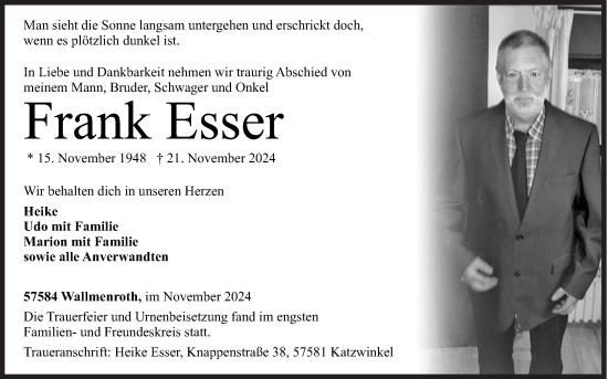 Traueranzeige von Frank Esser von Siegener Zeitung