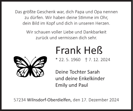 Traueranzeige von Frank Heß von Siegener Zeitung