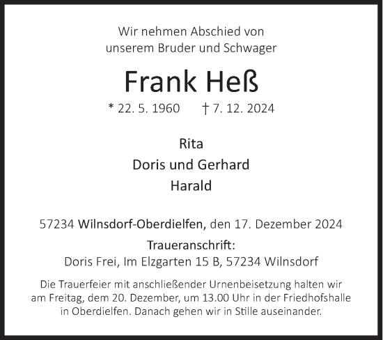 Traueranzeige von Frank Heß von Siegener Zeitung