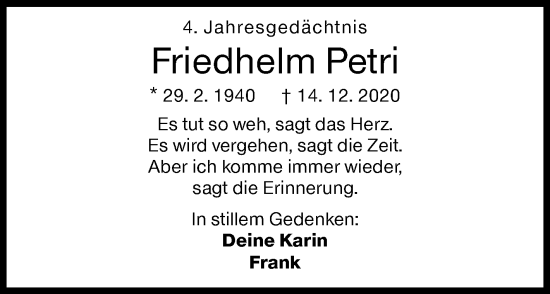 Traueranzeige von Friedhelm Petri von Siegener Zeitung