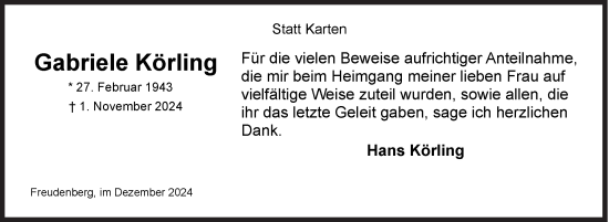 Traueranzeige von Gabriele Körling von Siegener Zeitung