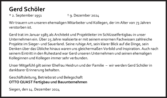 Traueranzeige von Gerd Schöler von Siegener Zeitung