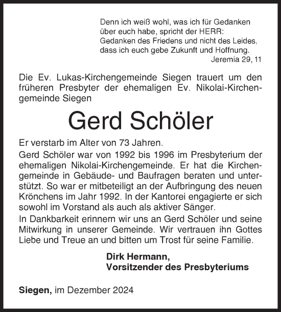 Traueranzeige von Gerd Schöler von Siegener Zeitung