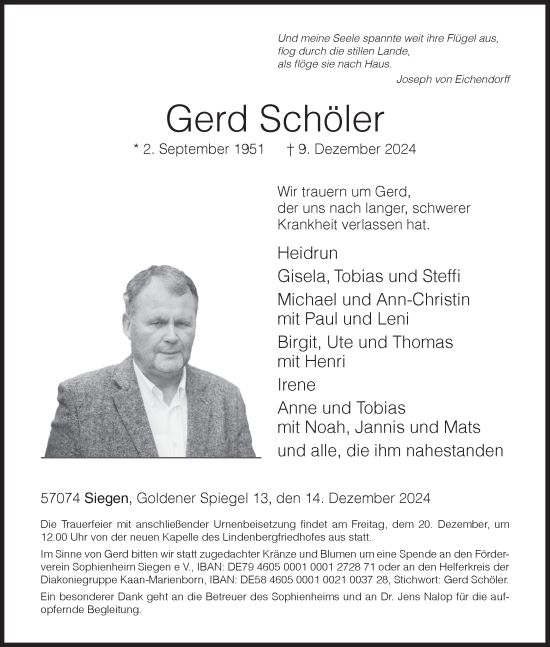 Traueranzeige von Gerd Schöler von Siegener Zeitung