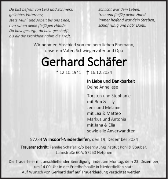 Traueranzeige von Gerhard Schäfer von Siegener Zeitung