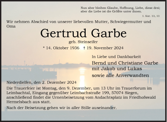 Traueranzeige von Gertrud Garbe von Siegener Zeitung