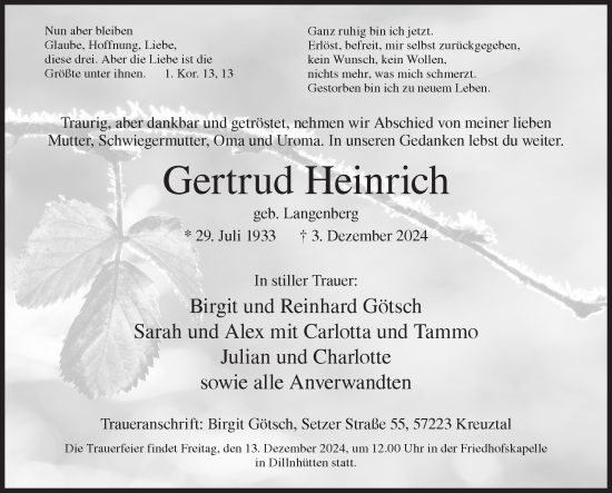 Traueranzeige von Gertrud Heinrich von Siegener Zeitung