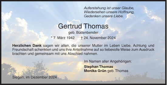 Traueranzeige von Gertrud Thomas von Siegener Zeitung