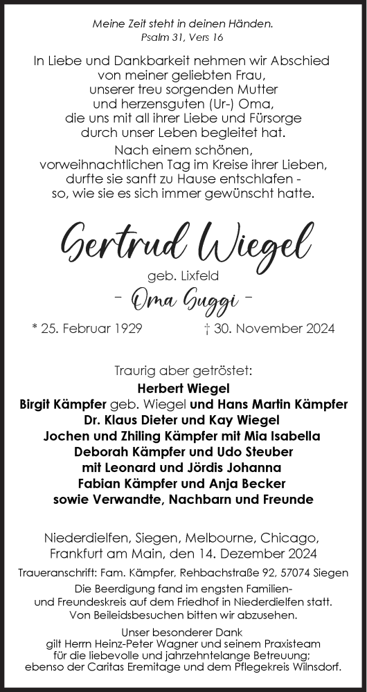 Traueranzeige von Gertrud Wiegel von Siegener Zeitung