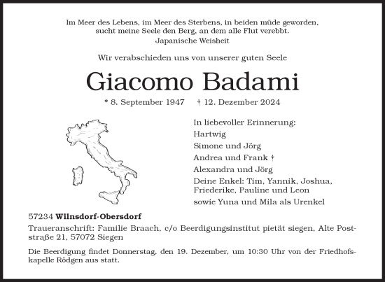 Traueranzeige von Giacomo Badami von Siegener Zeitung