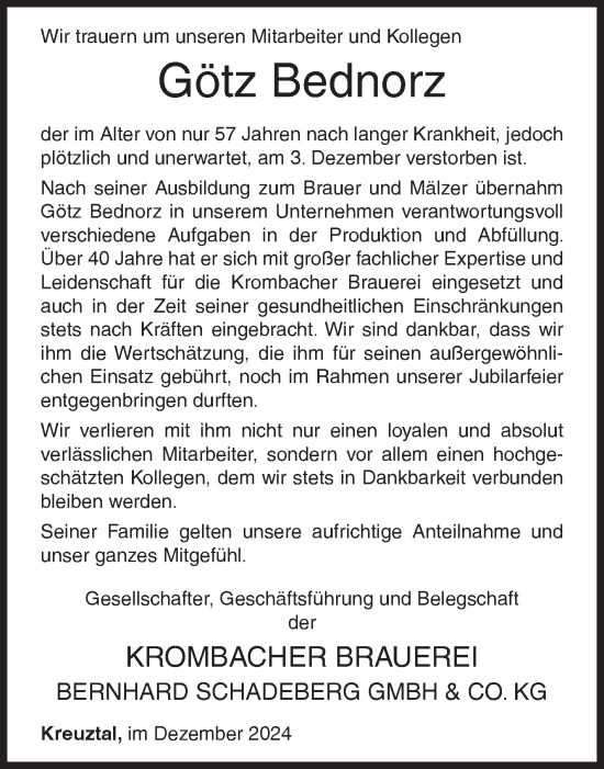 Traueranzeige von Götz Bednorz von Siegener Zeitung
