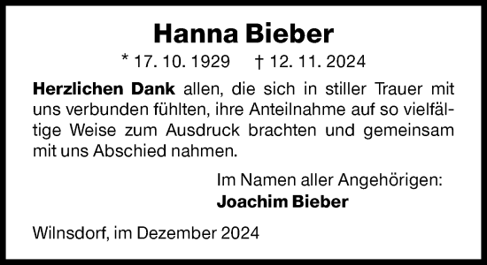 Traueranzeige von Hanna Bieber von Siegener Zeitung