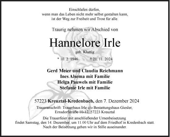 Traueranzeige von Hannelore Irle von Siegener Zeitung
