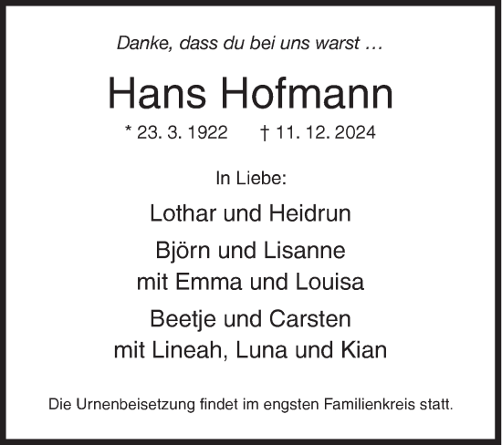 Traueranzeige von Hans Hofmann von Siegener Zeitung