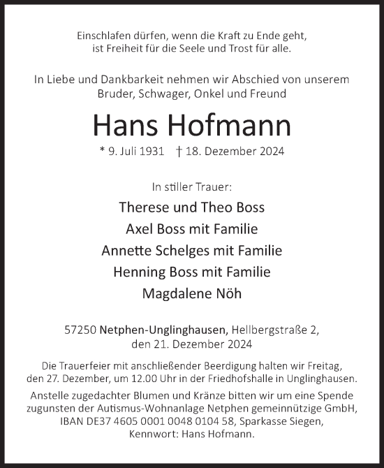 Traueranzeige von Hans Hofmann von Siegener Zeitung