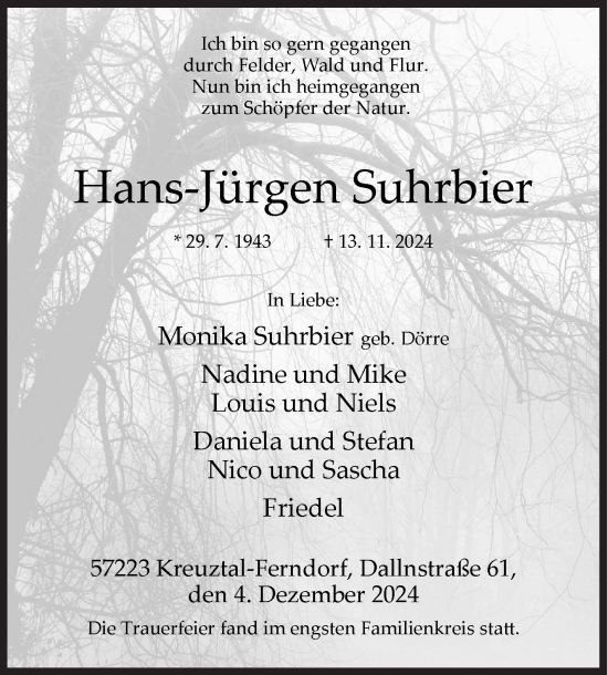 Traueranzeige von Hans-Jürgen Suhrbier von Siegener Zeitung