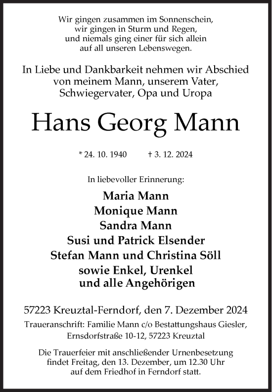 Traueranzeige von Hans Georg Mann von Siegener Zeitung