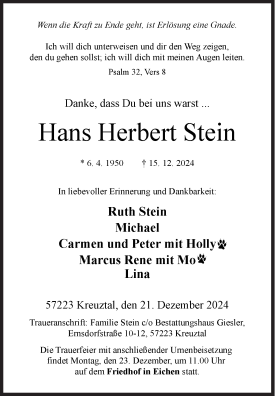 Traueranzeige von Hans Herbert Stein von Siegener Zeitung