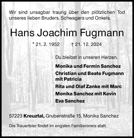 Traueranzeige von Hans Joachim Fugmann von Siegener Zeitung
