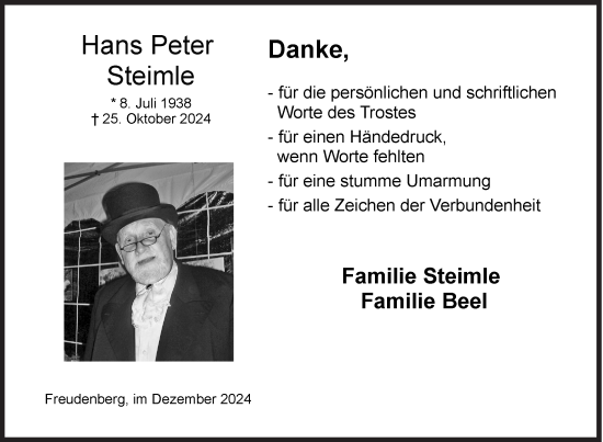 Traueranzeige von Hans Peter Steimle von Siegener Zeitung