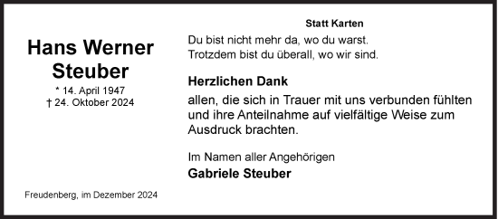 Traueranzeige von Hans Werner Steuber von Siegener Zeitung