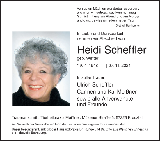 Traueranzeige von Heidi Scheffler von Siegener Zeitung
