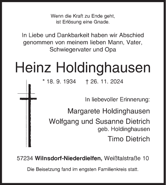 Traueranzeige von Heinz Holdinghausen von Siegener Zeitung