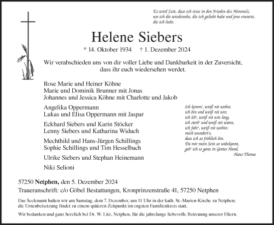 Traueranzeige von Helene Siebers von Siegener Zeitung