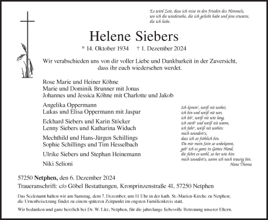 Traueranzeige von Helene Siebers von Siegener Zeitung