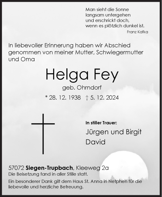 Traueranzeige von Helga Fey von Siegener Zeitung
