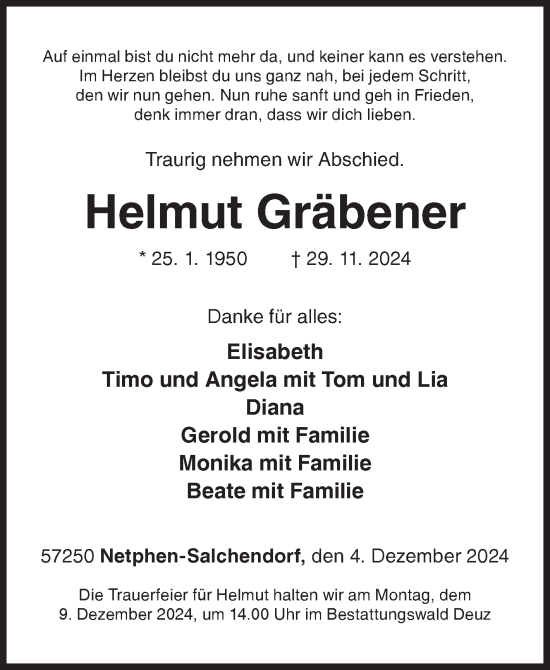 Traueranzeige von Helmut Gräbener von Siegener Zeitung