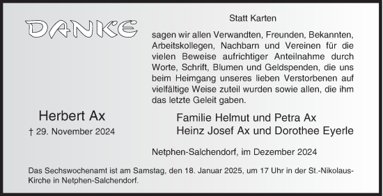 Traueranzeige von Herbert Ax von Siegener Zeitung