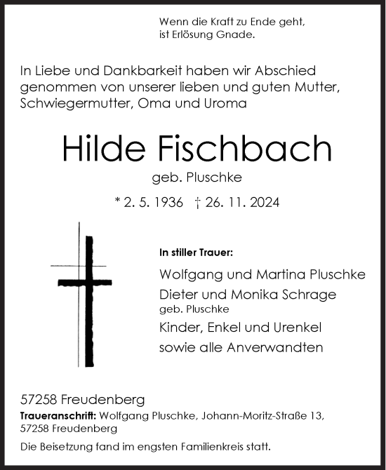Traueranzeige von Hilde Fischbach von Siegener Zeitung