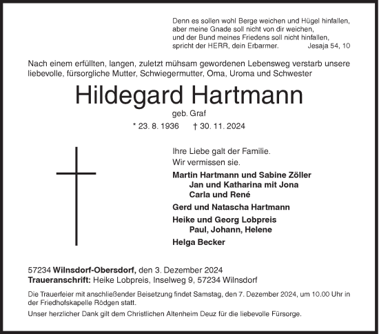 Traueranzeige von Hildegard Hartmann von Siegener Zeitung