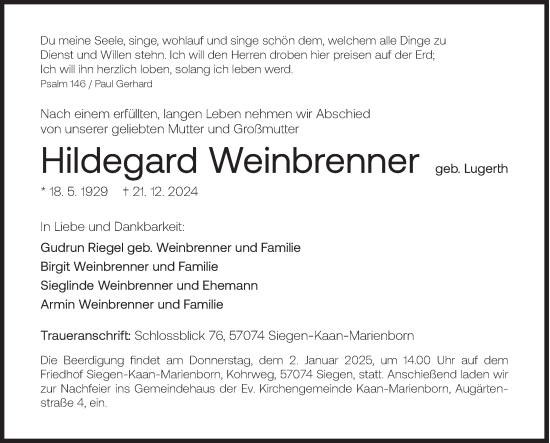 Traueranzeige von Hildegard Weinbrenner von Siegener Zeitung