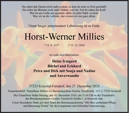Traueranzeige von Horst-Werner Millies von Siegener Zeitung