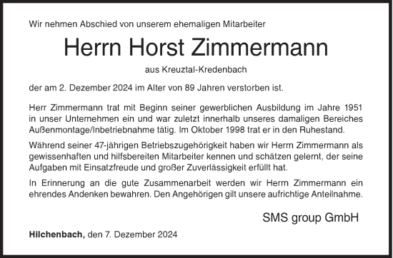 Traueranzeige von Horst Zimmermann von Siegener Zeitung