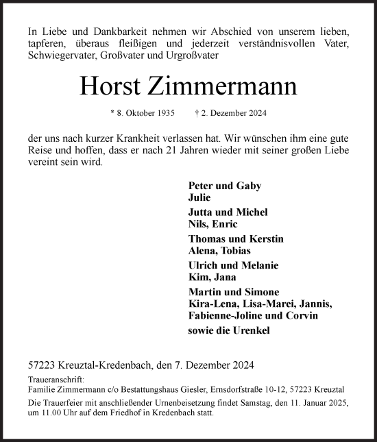 Traueranzeige von Horst Zimmermann von Siegener Zeitung