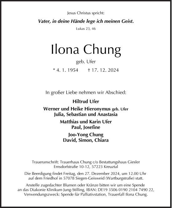 Traueranzeige von Ilona Chung von Siegener Zeitung