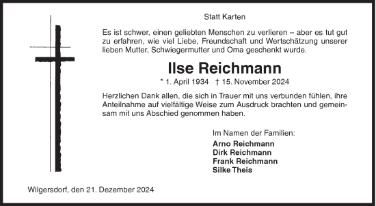 Traueranzeige von Ilse Reichmann von Siegener Zeitung