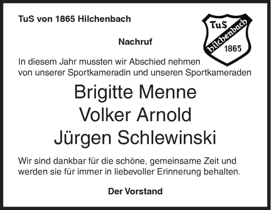 Traueranzeige von In diesem Jahr mussten wir Abschied nehmen von unserer Sportkameradin und unseren Sportkameraden  von Siegener Zeitung