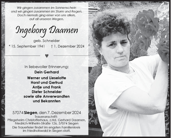 Traueranzeige von Ingeborg Daamen von Siegener Zeitung