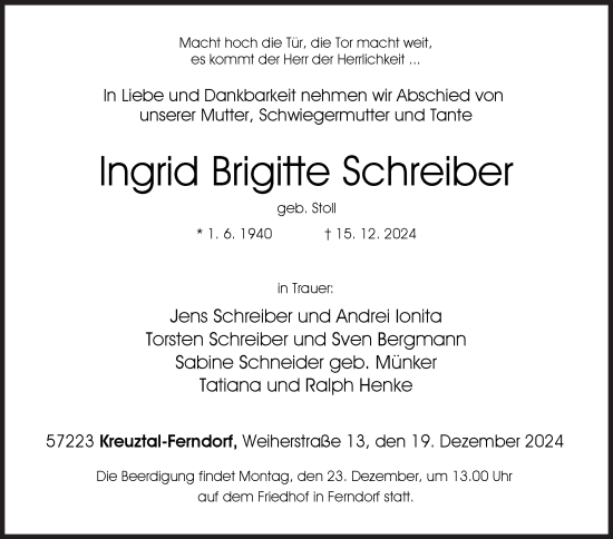 Traueranzeige von Ingrid Brigitte Schreiber von Siegener Zeitung