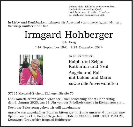 Traueranzeige von Irmgard Hohberger von Siegener Zeitung