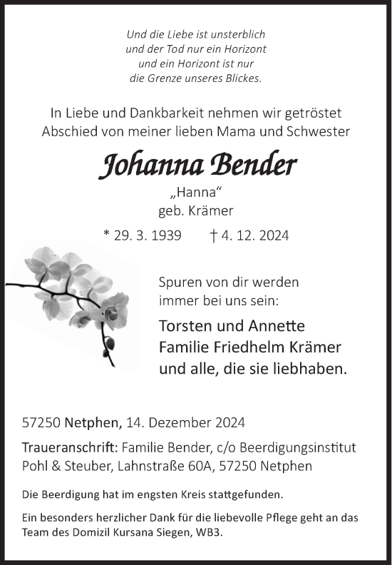 Traueranzeige von Johanna Bender von Siegener Zeitung
